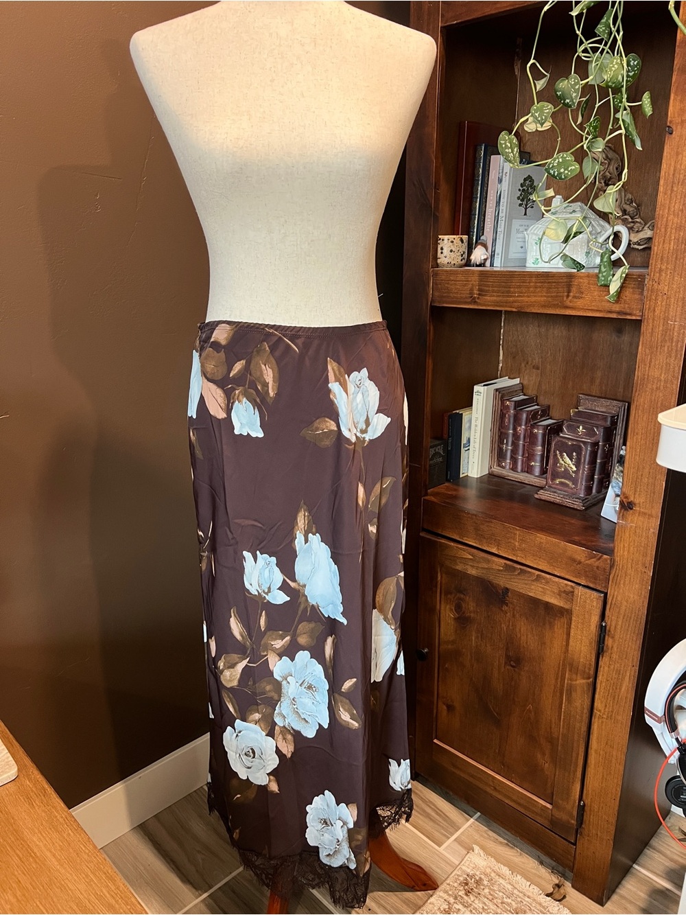 Brown Maxi Skirt with Light Blue Floral Print